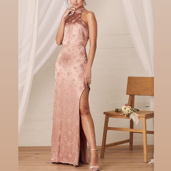 Lulus Light Pale Pink Halter Neck Sleeveless Leg Slit Satin Jacquard Maxi Dress - Picture 13 of 16